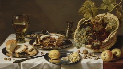 Pieter Claesz Tabletop Still Life with Mince Pie and Basket of Grapes oil painting picture